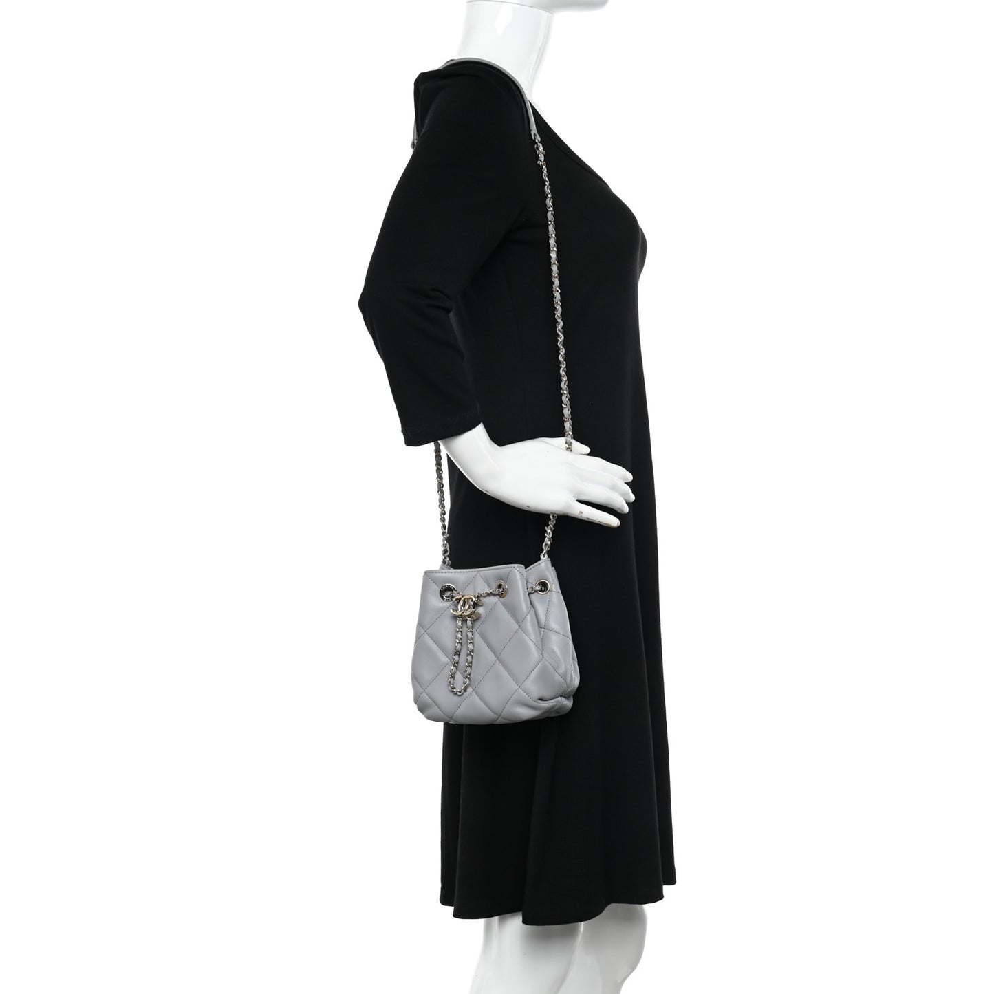 Lambskin Quilted CC Dweller Drawstring Bucket Bag Light Grey