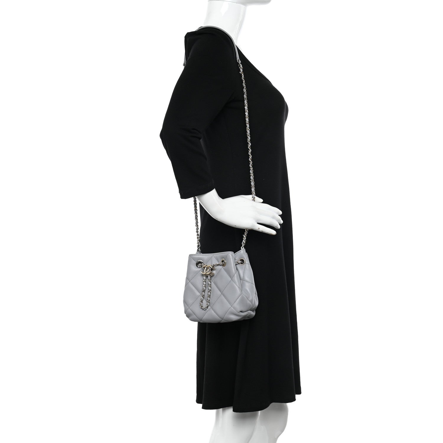 Chanel Lambskin Quilted CC Dweller Drawstring Bucket Bag Light Grey 2 of 11