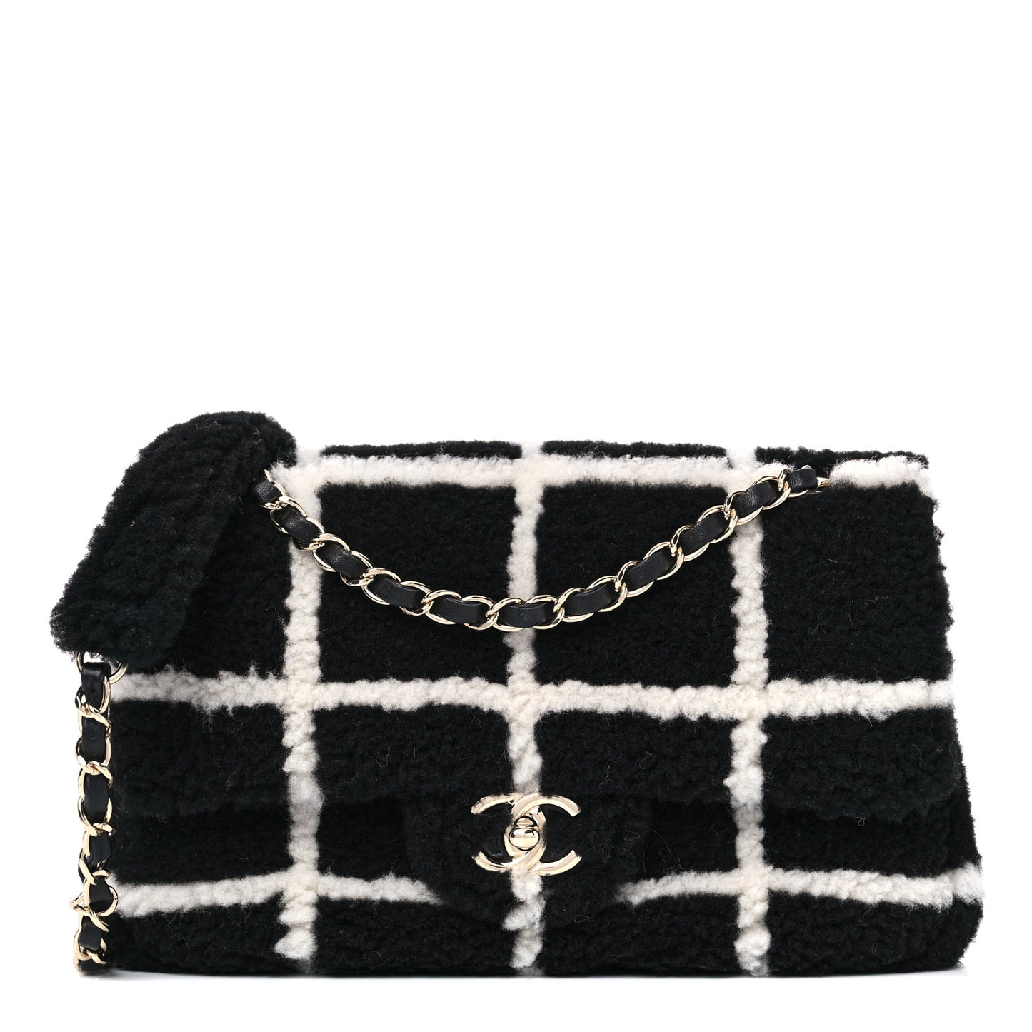 Shearling Lambskin Large Fluffy Tartan Single Flap Black White