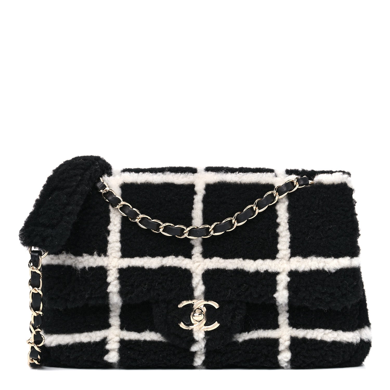Chanel Shearling Lambskin Large Fluffy Tartan Single Flap Black White 1 of 10