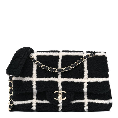 Chanel Shearling Lambskin Large Fluffy Tartan Single Flap Black White 1 of 10