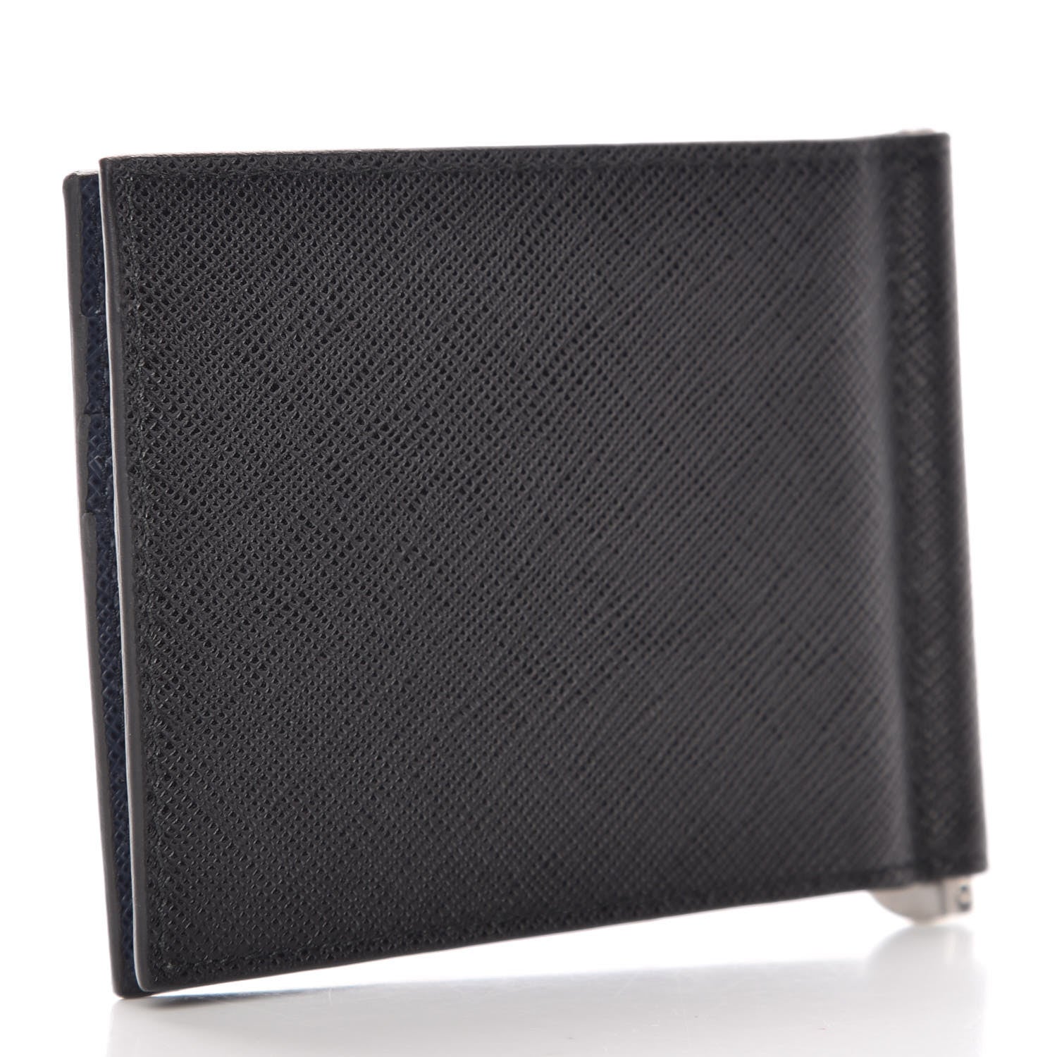 Prada Saffiano Metal Bi-Color Money Clip Bi-Fold Wallet Black Baltico 3 of 8