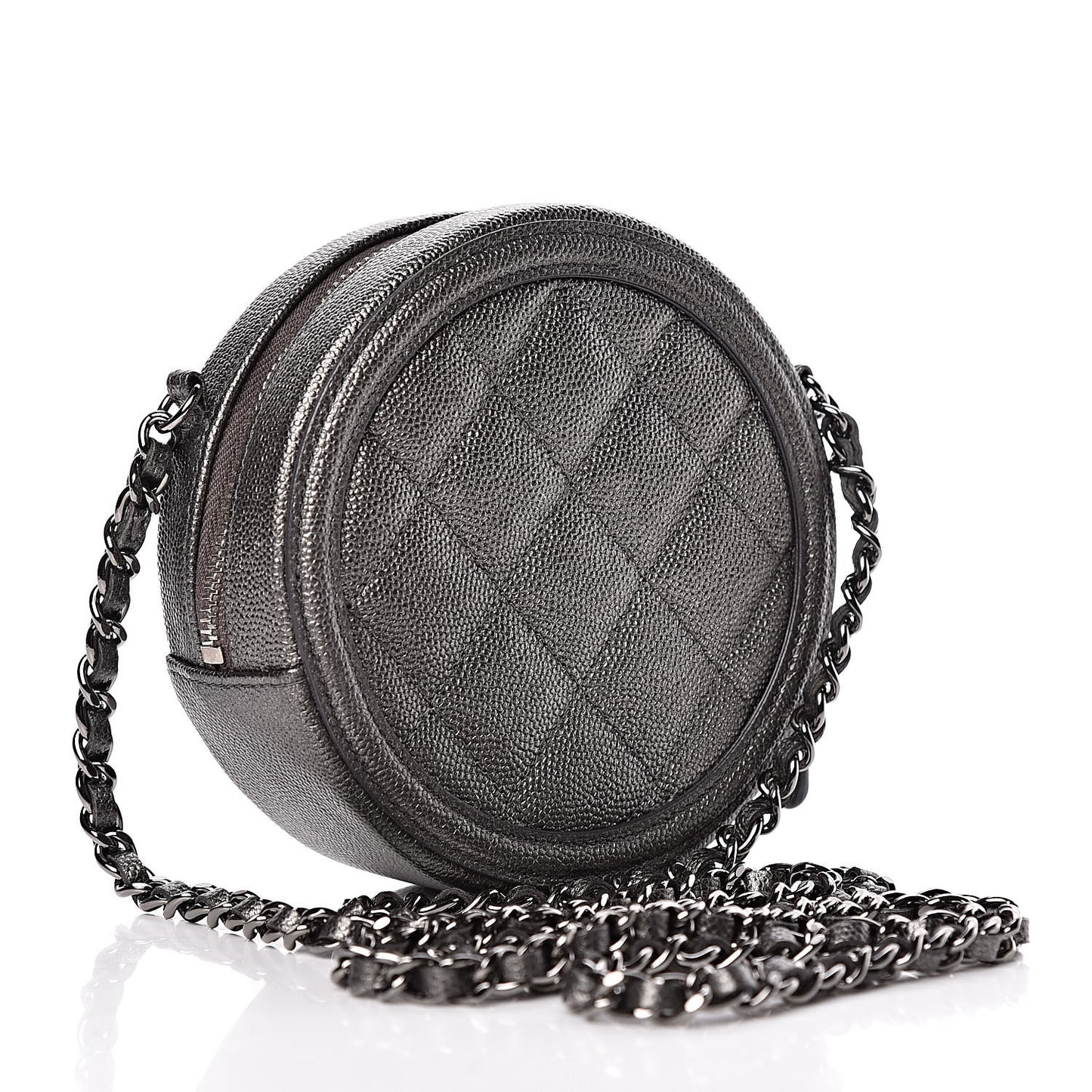 Metallic Caviar Quilted Round Filigree Crossbody Dark Silver