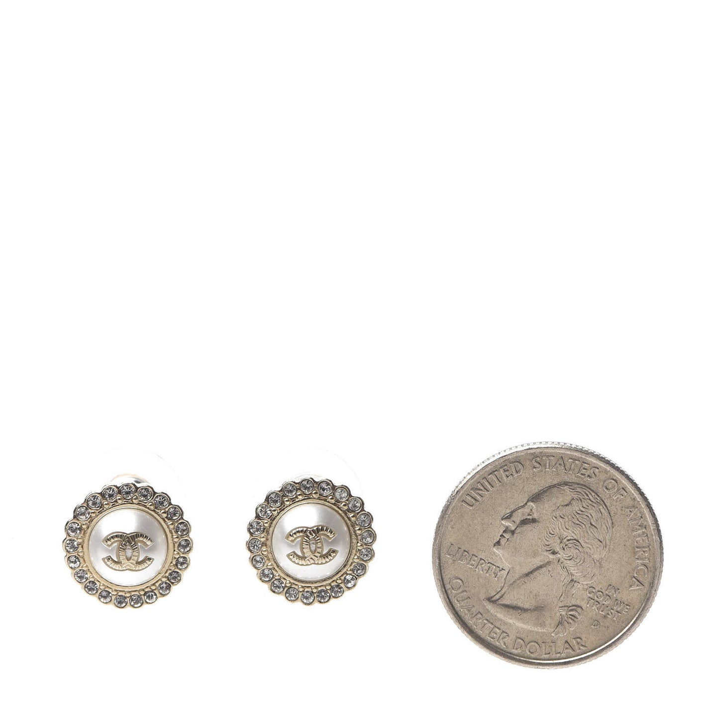 Metal Pearl Crystal CC Round Earrings Light Gold