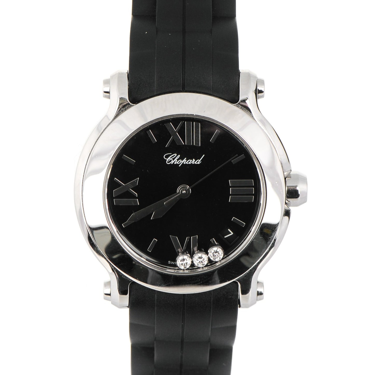 Stainless Steel Rubber 3 Diamond 36mm Happy Sport Quartz Watch Black