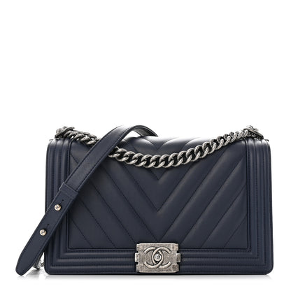 Chanel Calfskin Chevron Quilted New Medium Boy Flap Dark Navy Blue 1 of 11
