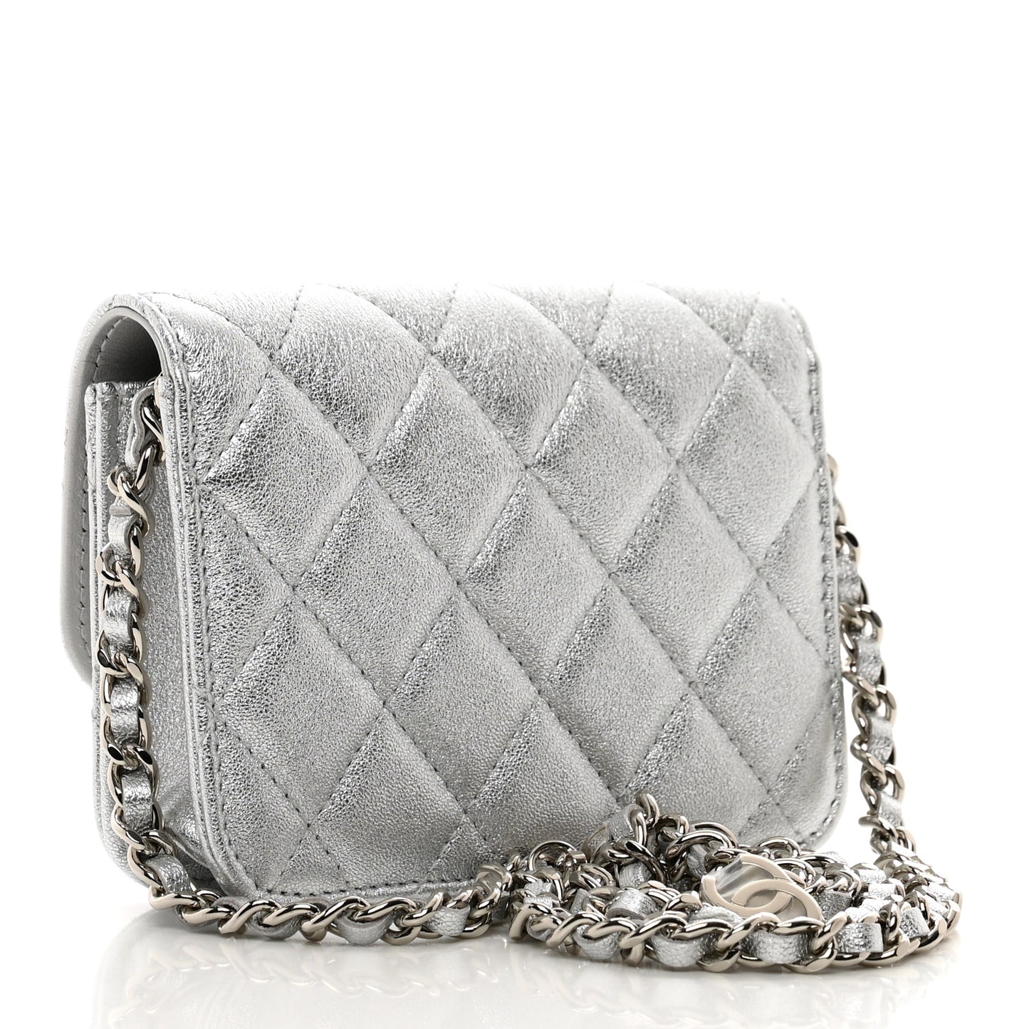 Metallic Goatskin Quilted Crystal CC Walk Of Fame Clutch With Chain Silver