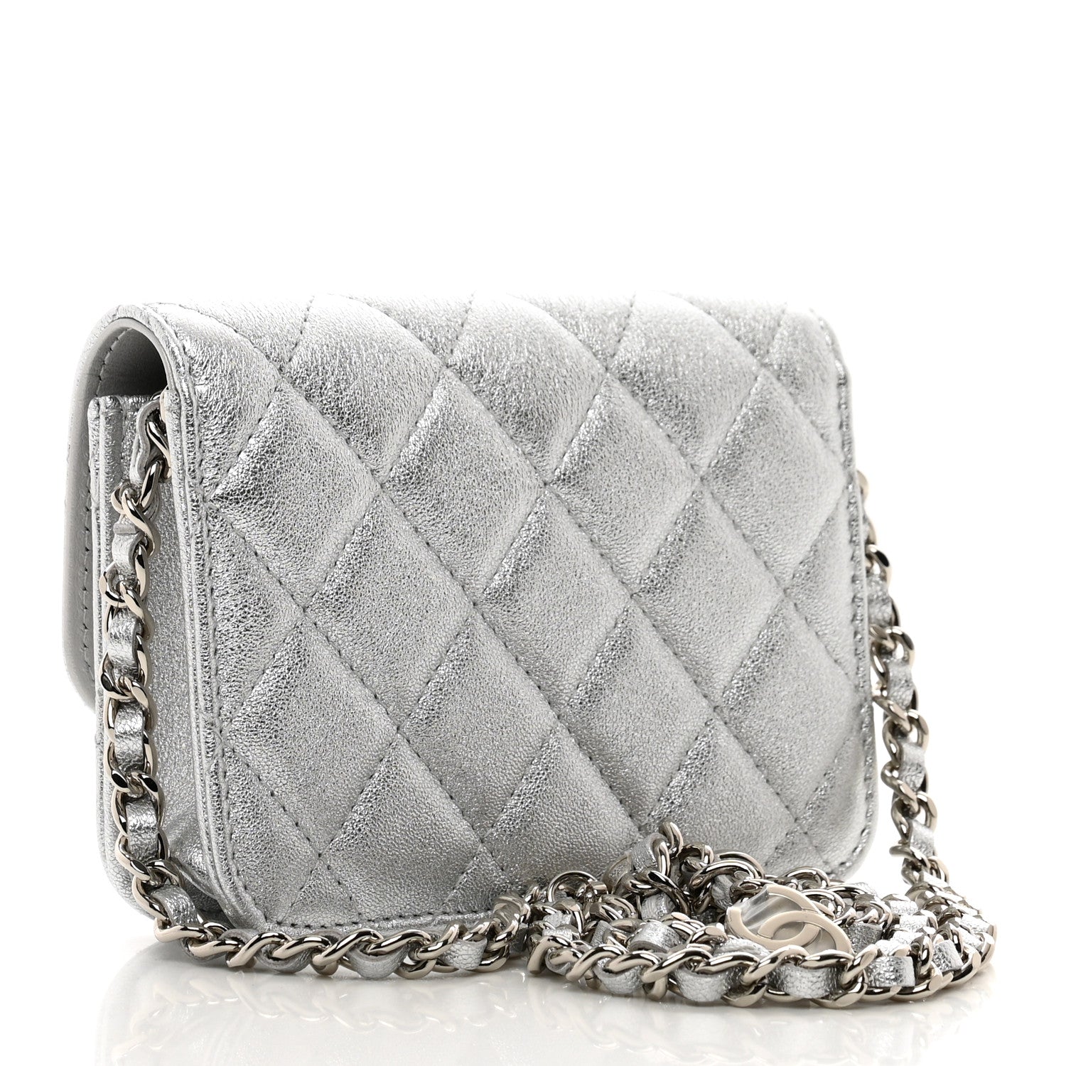 Chanel Metallic Goatskin Quilted Crystal CC Walk Of Fame Clutch With Chain Silver 3 of 12