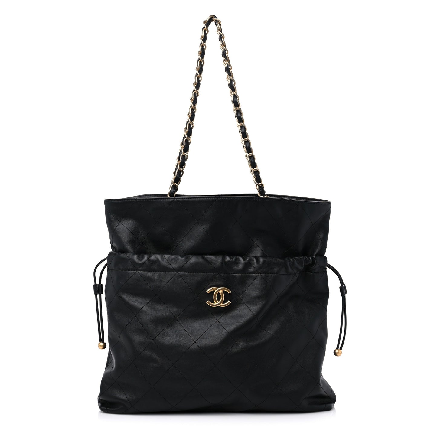 Calfskin Quilted Drawstring Tote Black