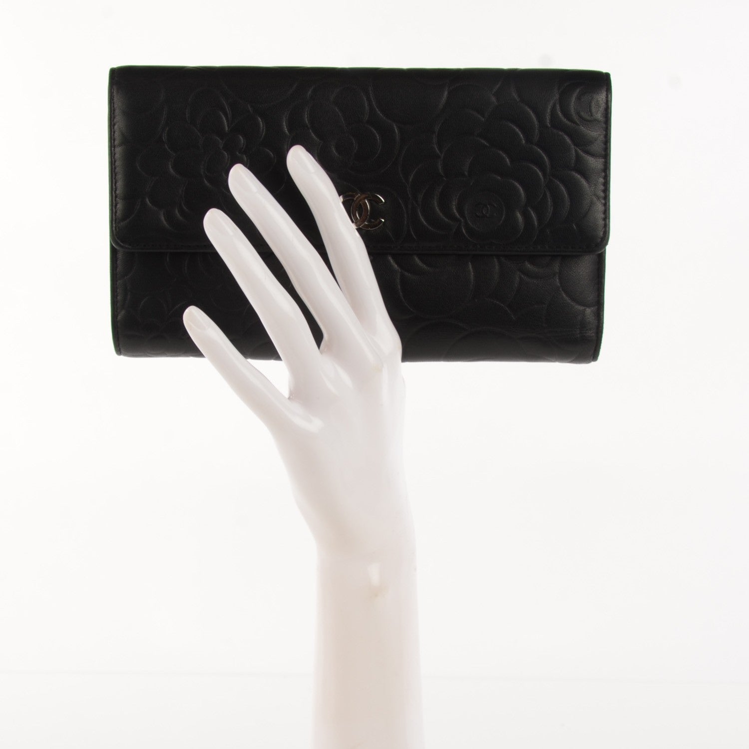 Chanel Lambskin Embossed Camellia Large Gusset Flap Wallet Black 2 of 9