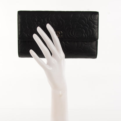 Chanel Lambskin Embossed Camellia Large Gusset Flap Wallet Black 2 of 9