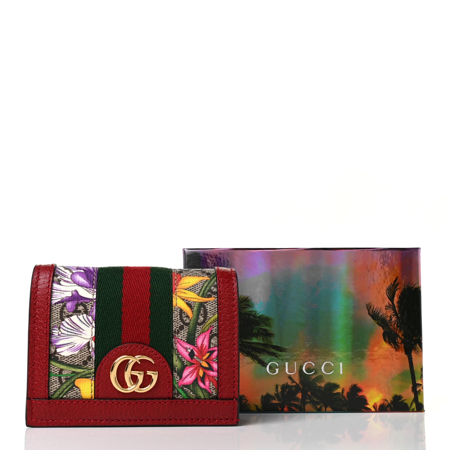 GG Supreme Monogram Flora Web Ophidia Card Case Red