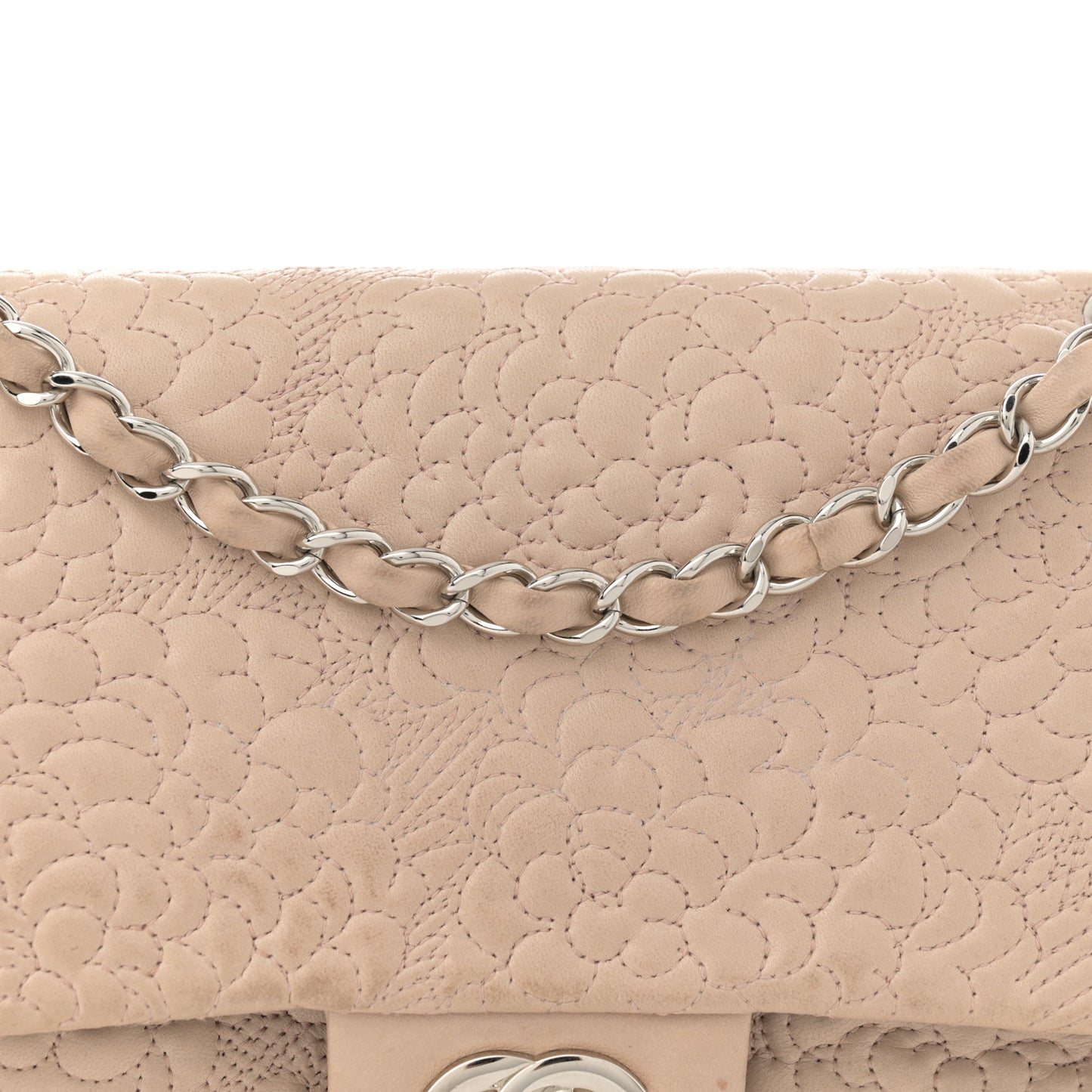 Lambskin Camellia Stitched Medium Double Flap Light Beige