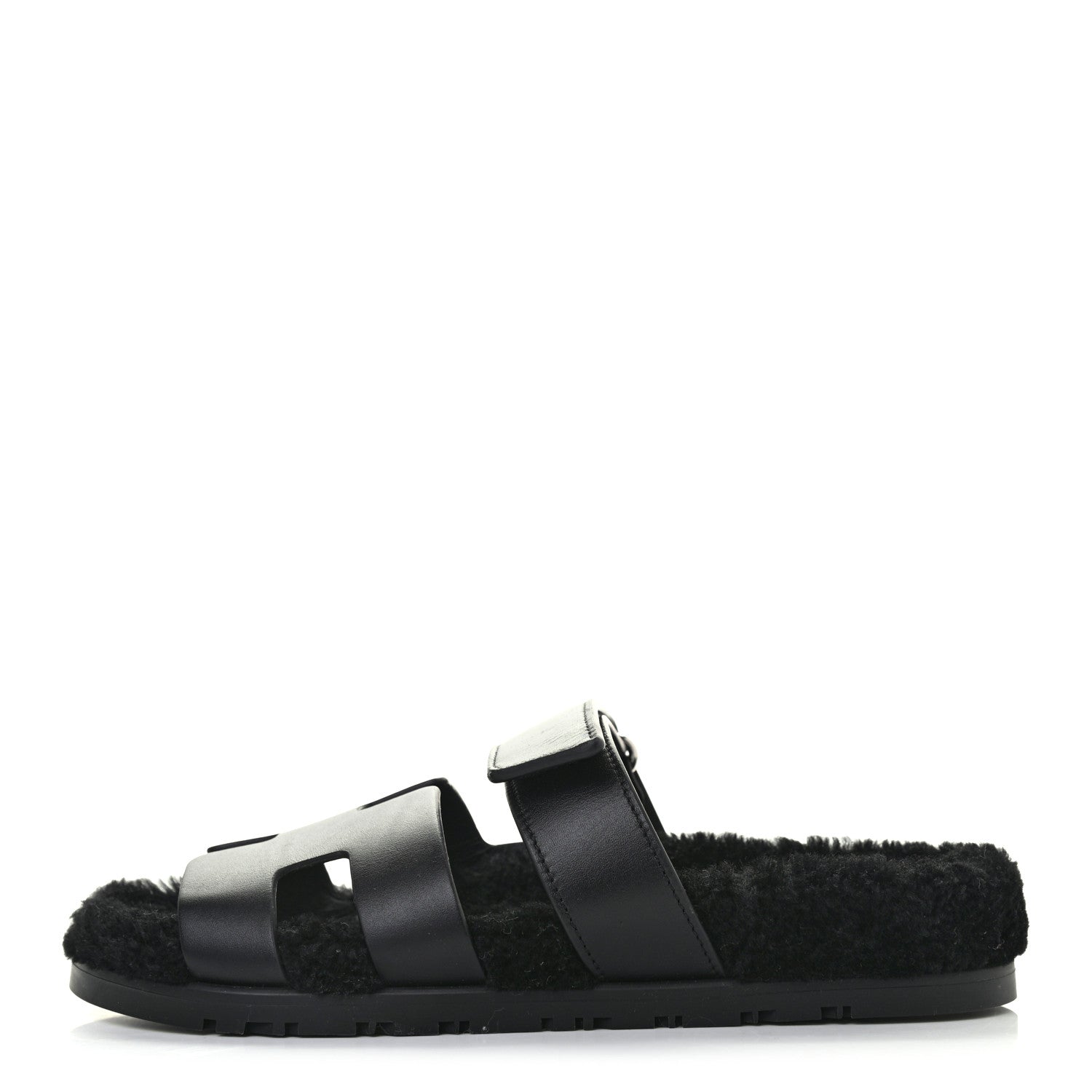Hermes Calfskin Woolskin Womens Chypre Sandals 38 Black 1 of 7