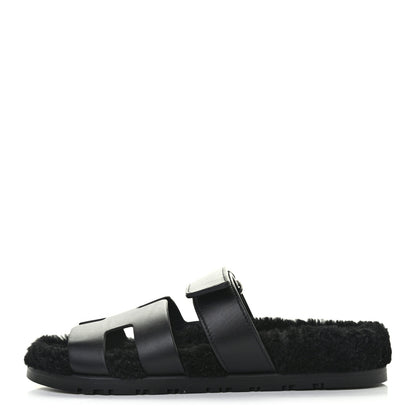 Hermes Calfskin Woolskin Womens Chypre Sandals 38 Black 1 of 7