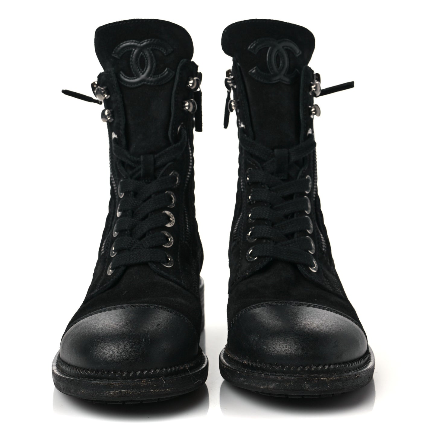 Suede Calfskin Quilted CC Lace Up Combat Boots 36 Black
