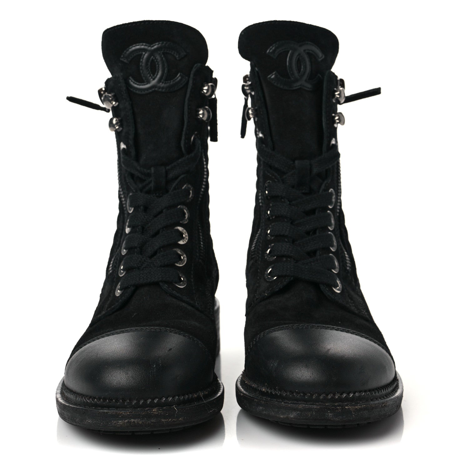 Chanel Suede Calfskin Quilted CC Lace Up Combat Boots 36 Black 2 of 8