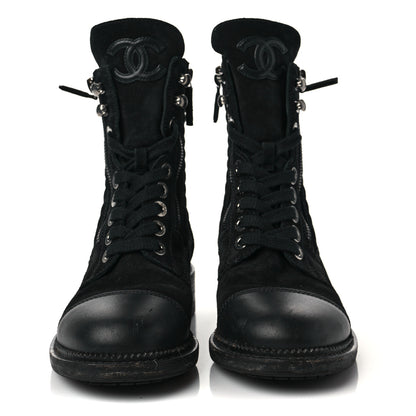 Chanel Suede Calfskin Quilted CC Lace Up Combat Boots 36 Black 2 of 8