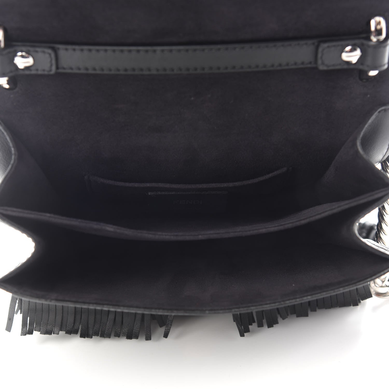 Fendi Smooth Calfskin Monster Eyes Fringe Studded Small Kan I Shoulder Bag Black 5 of 12