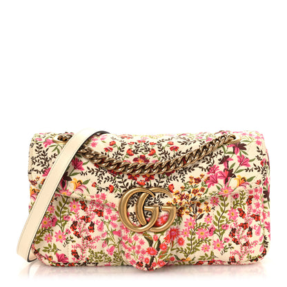 Gucci Cotton Calfskin Matelasse Floral Print Small GG Marmont Shoulder Bag Ivory Pink 1 of 10
