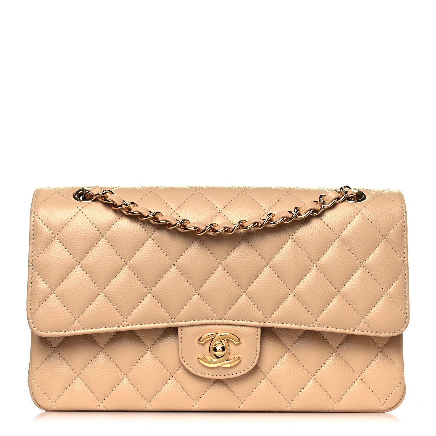Caviar Quilted Medium Double Flap Beige