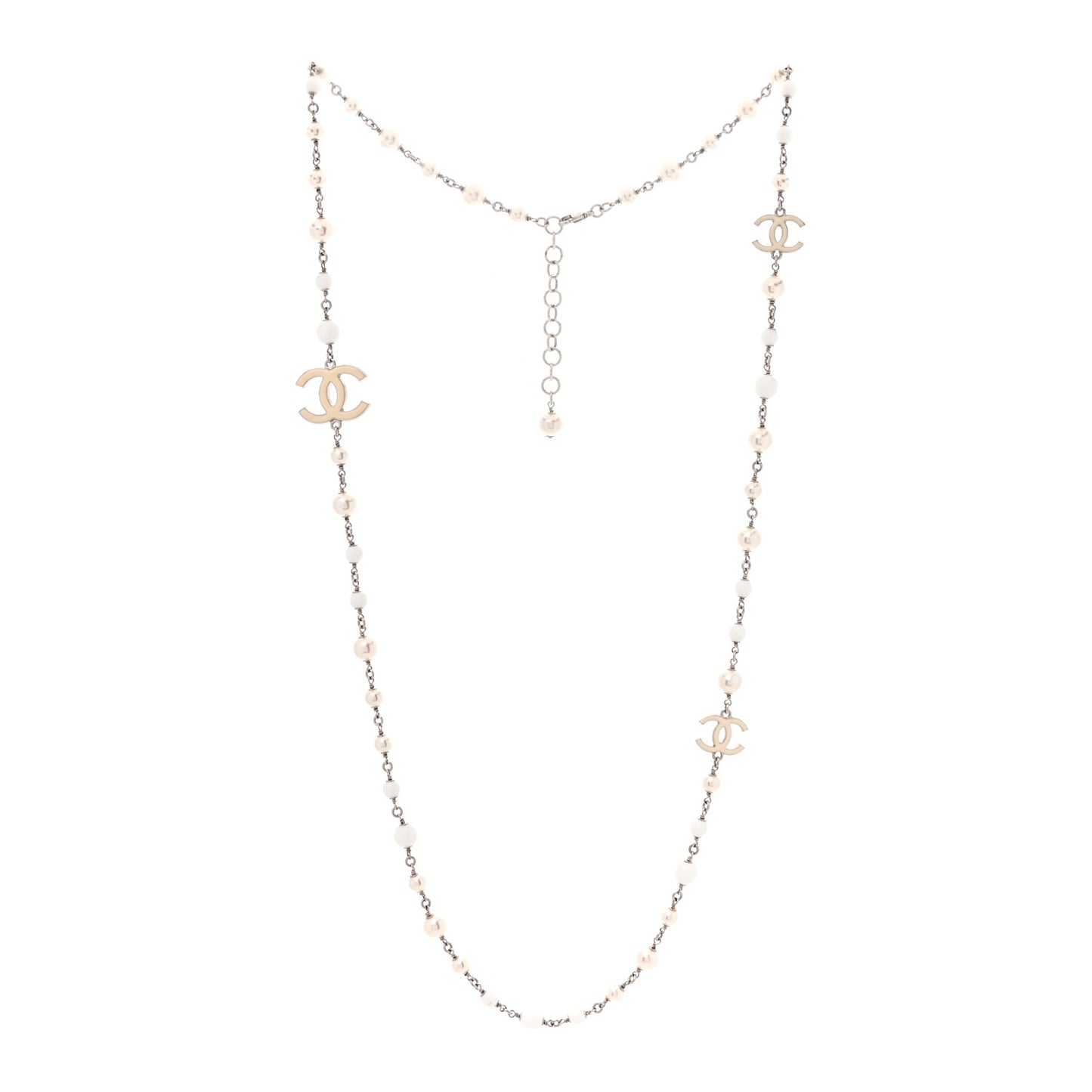 Pearl Enamel Bead CC Long Necklace Silver White