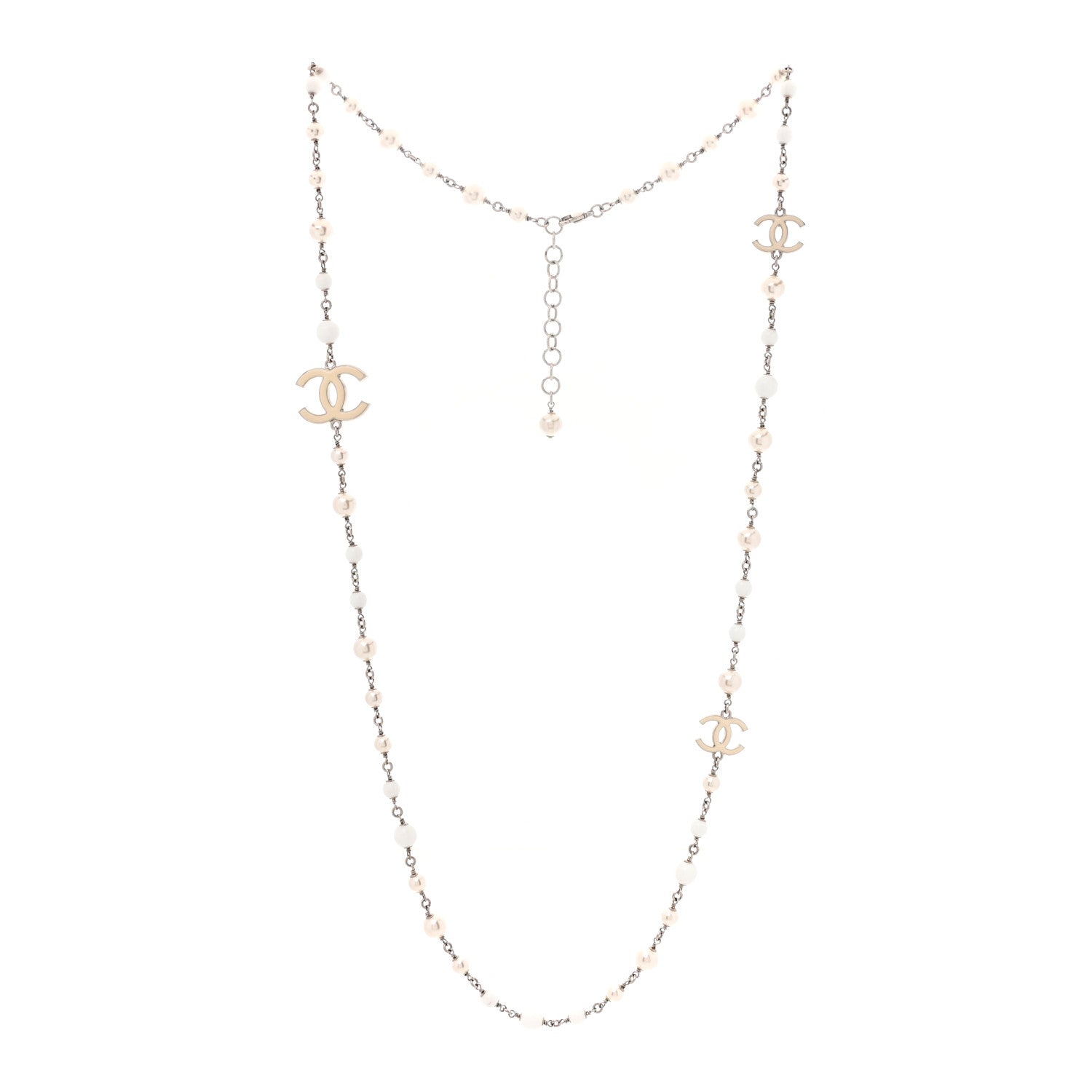 Chanel Pearl Enamel Bead CC Long Necklace Silver White 2 of 4