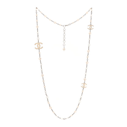 Chanel Pearl Enamel Bead CC Long Necklace Silver White 2 of 4