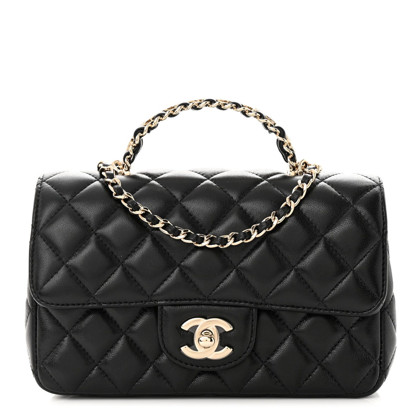 Lambskin Quilted Mini Crystal Top Handle Rectangular Flap Black