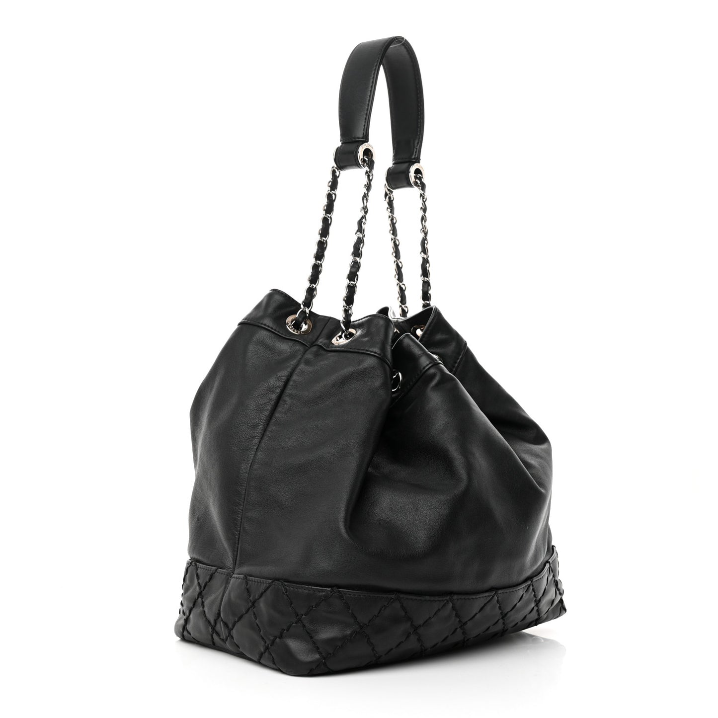 Calfskin Drawstring CC Bucket Bag Black