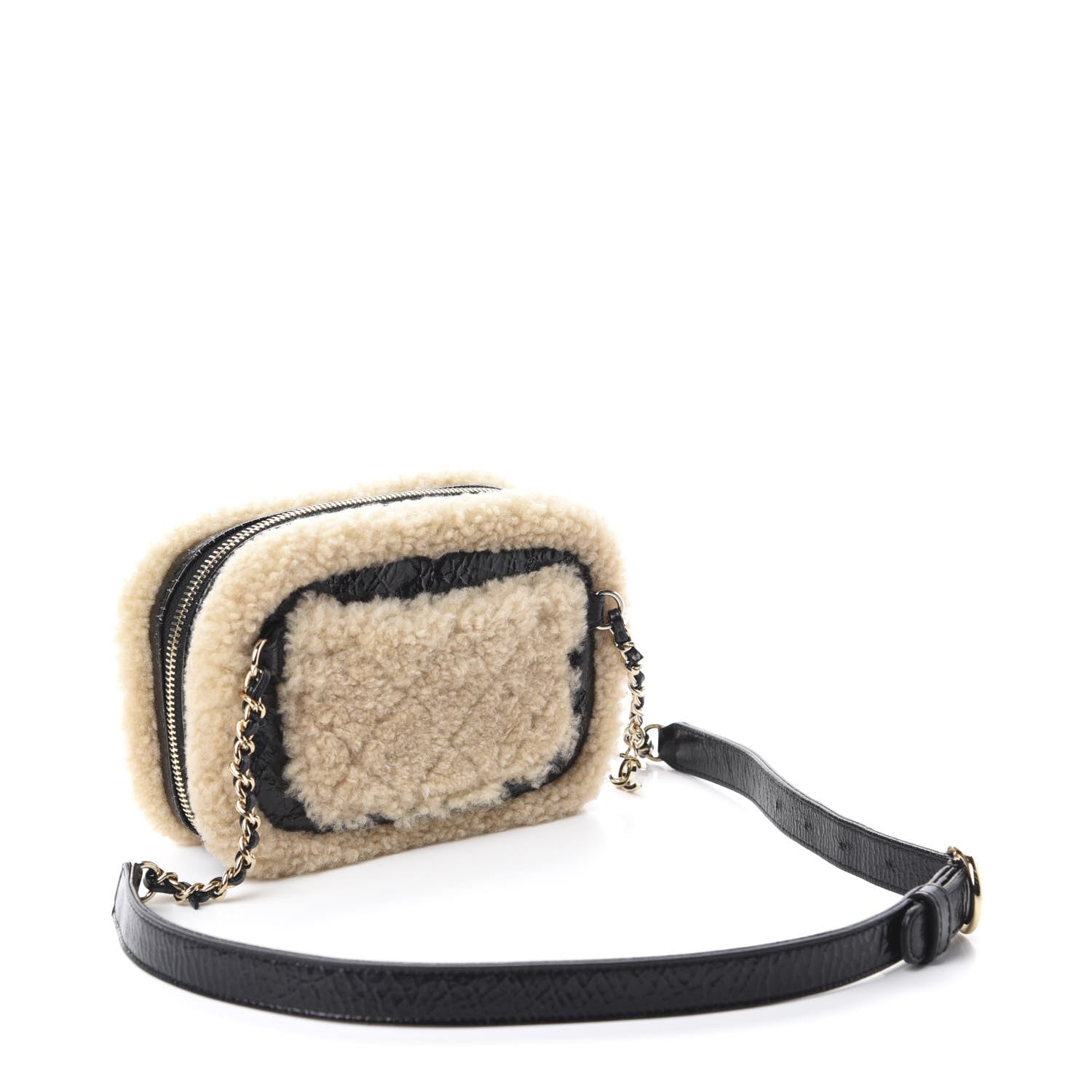 Chanel Shiny Crumpled Sheepskin Shearling Waist Bag Black Beige 3 of 11