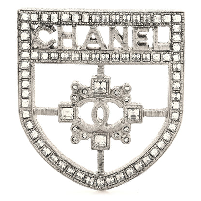 Chanel Swarovski Baguette Crystal CC Shield Brooch Silver 1 of 3