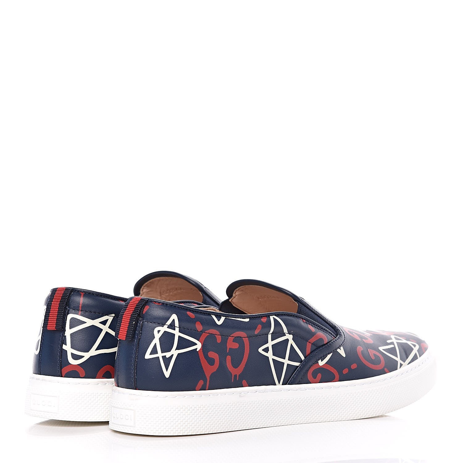 Gucci Calfskin GucciGhost Print Mens Dublin Slip On Sneakers 9.5 Blue Agata Hibiscus Red 4 of 8