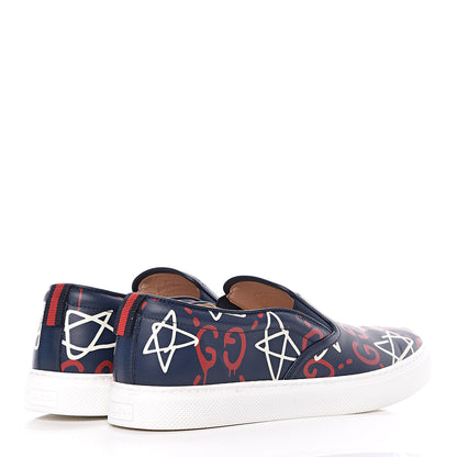 Gucci Calfskin GucciGhost Print Mens Dublin Slip On Sneakers 9.5 Blue Agata Hibiscus Red 4 of 8