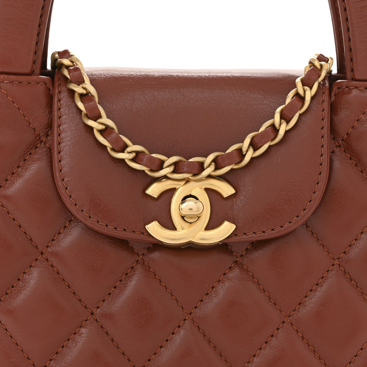 Shiny Aged Calfskin Quilted Nano Kelly Shopper Brown