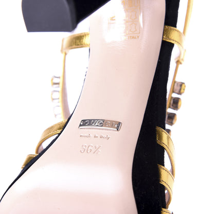 Gucci Velvet Nappa Crystal Zephyra Slingback Platform High Heel Sandals 36.5 Black Gold 8 of 9