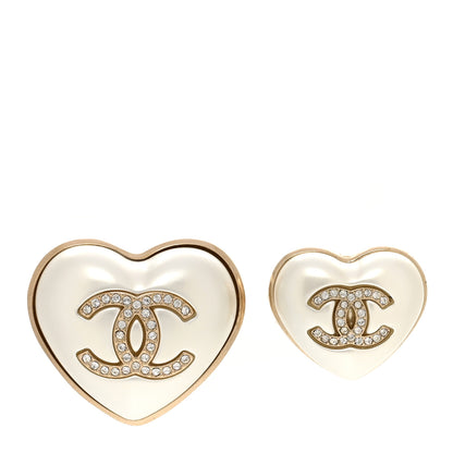 Chanel Resin Crystal CC Heart Brooch Set Pearly White Gold 1 of 6