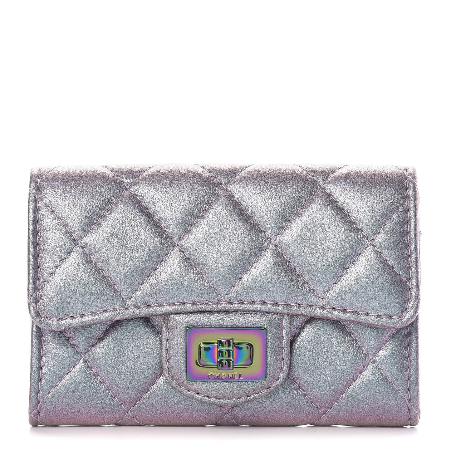 Iridescent Lambskin Quilted Reissue Flap Card Holder Light Purple