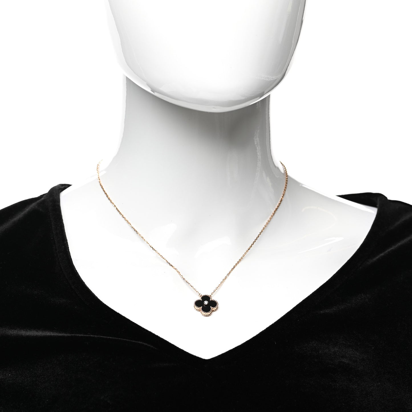 18K Rose Gold Diamond Black Onyx Vintage Alhambra Pendant Necklace