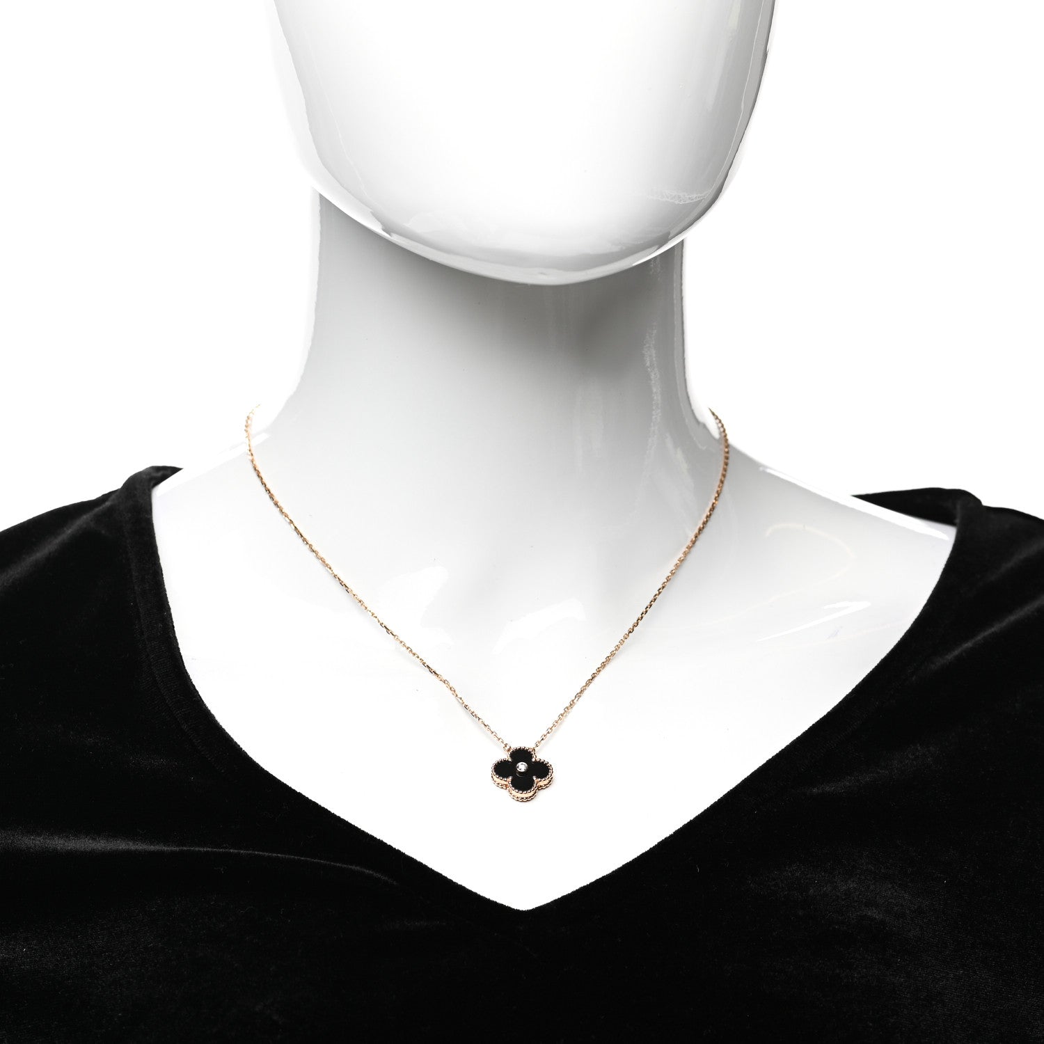 Van Cleef & Arpels 18K Rose Gold Diamond Black Onyx Vintage Alhambra Pendant Necklace 2 of 7