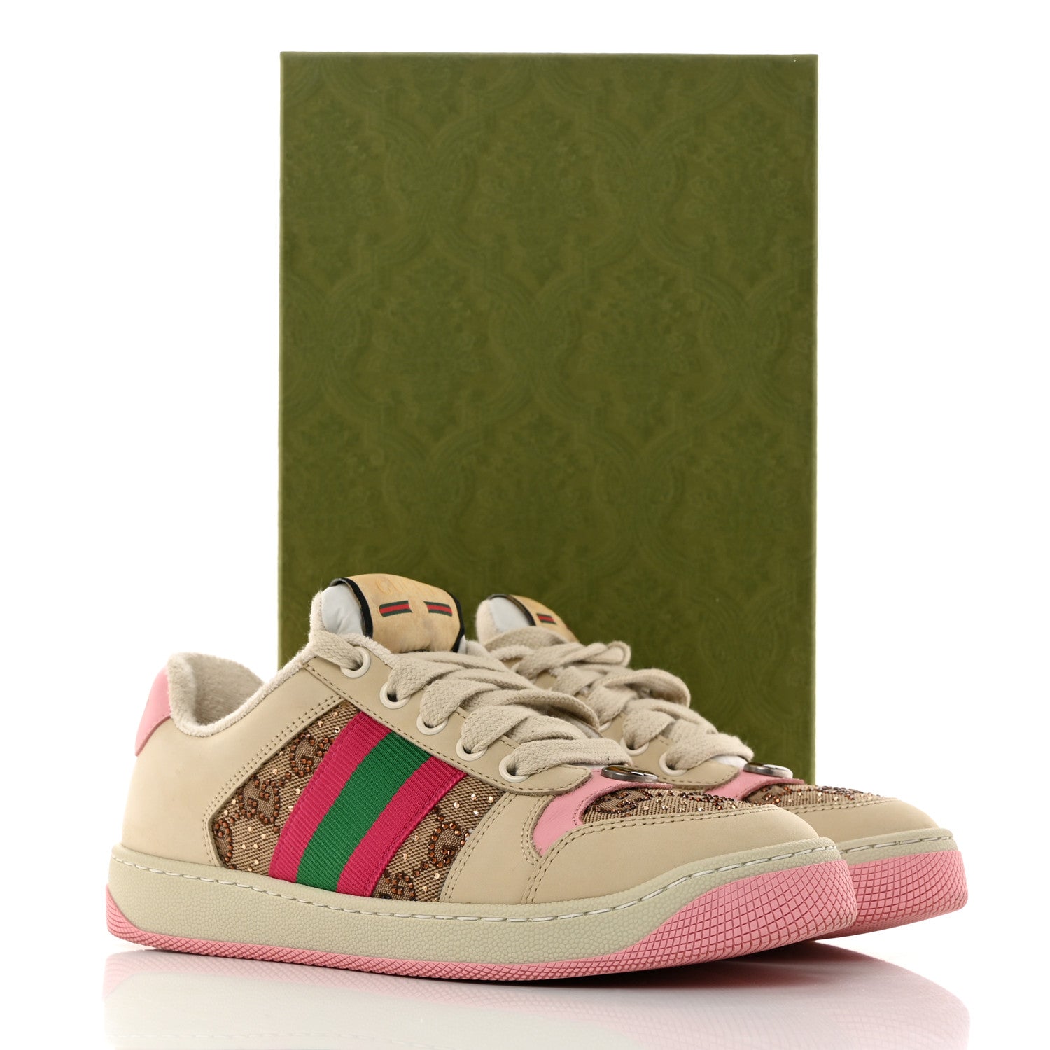 Gucci Calfskin GG Supreme Crystals Web Screener Sneakers 35.5 Beige Ebony Wild Rose 8 of 8