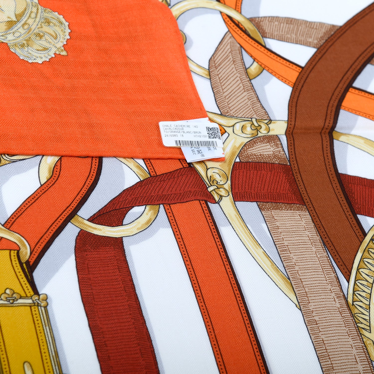 Hermes Cashmere Silk Cavalcadour Shawl 140 Orange White Brun 5 of 6
