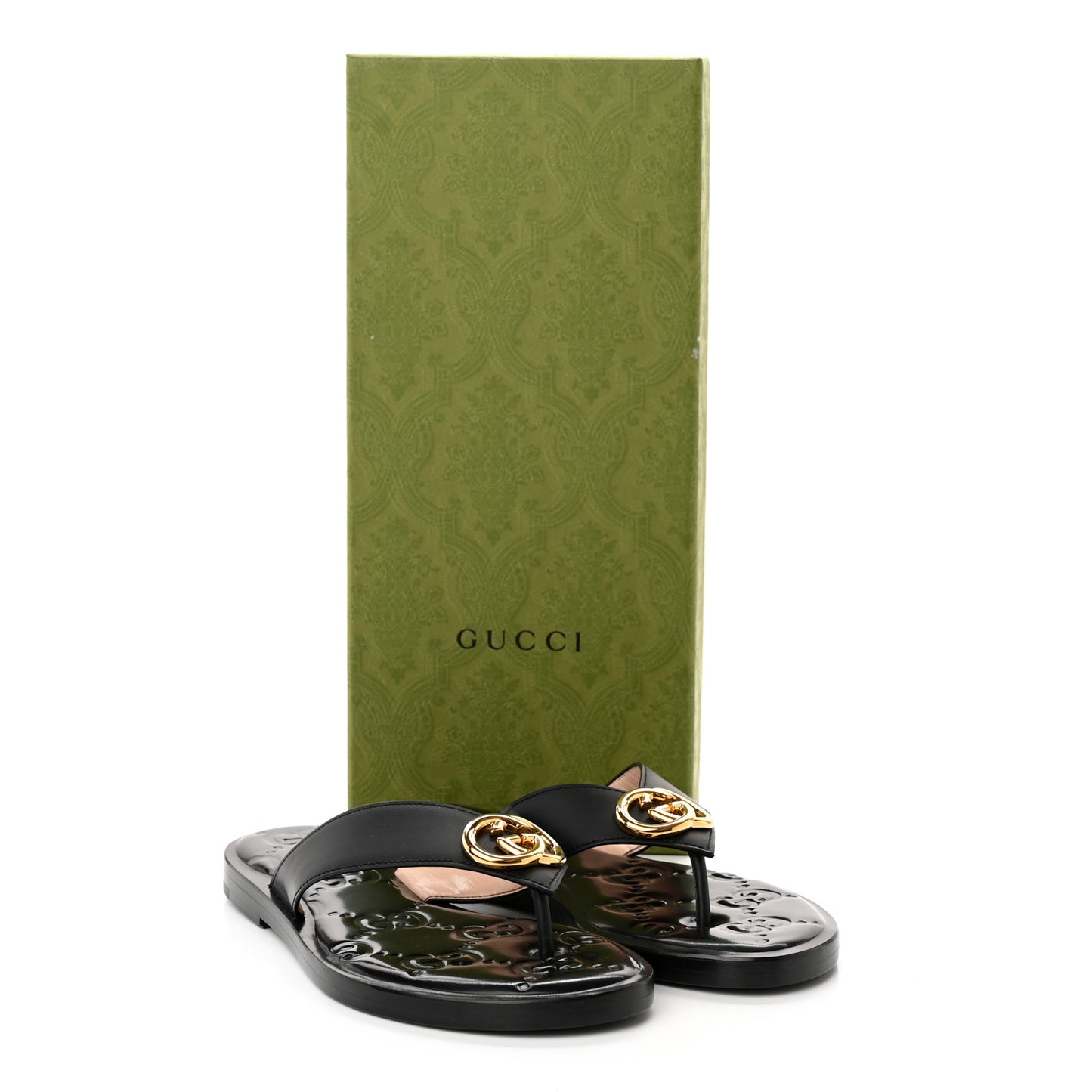 Lifford Calfskin GG Monogram Embossed Interlocking G 5mm Thong Sandals 35 Black