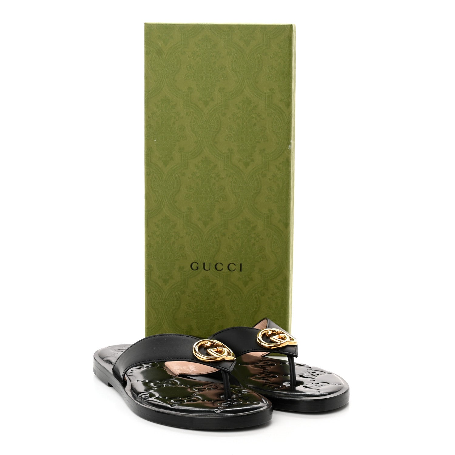 Gucci Lifford Calfskin GG Monogram Embossed Interlocking G 5mm Thong Sandals 35 Black 7 of 7