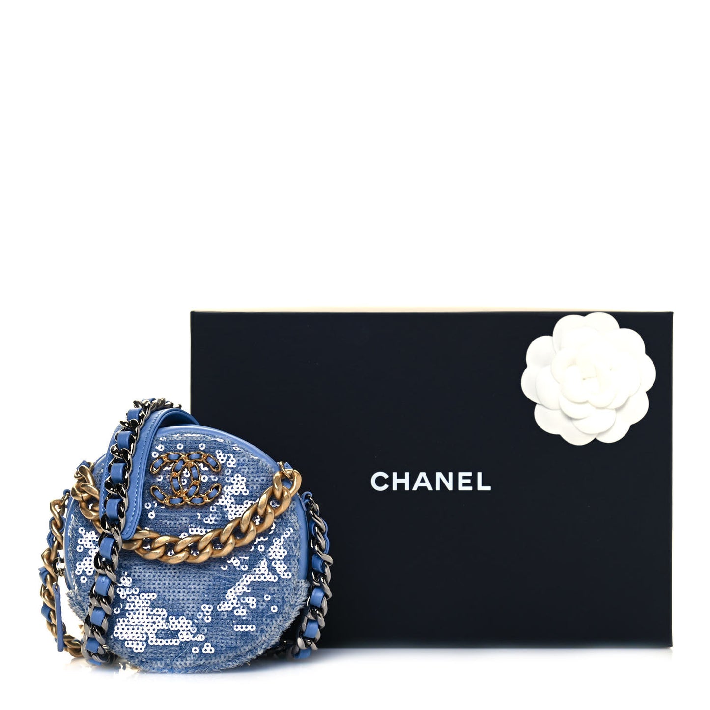 Sequin Chanel 19 Round Clutch With Chain Light Blue