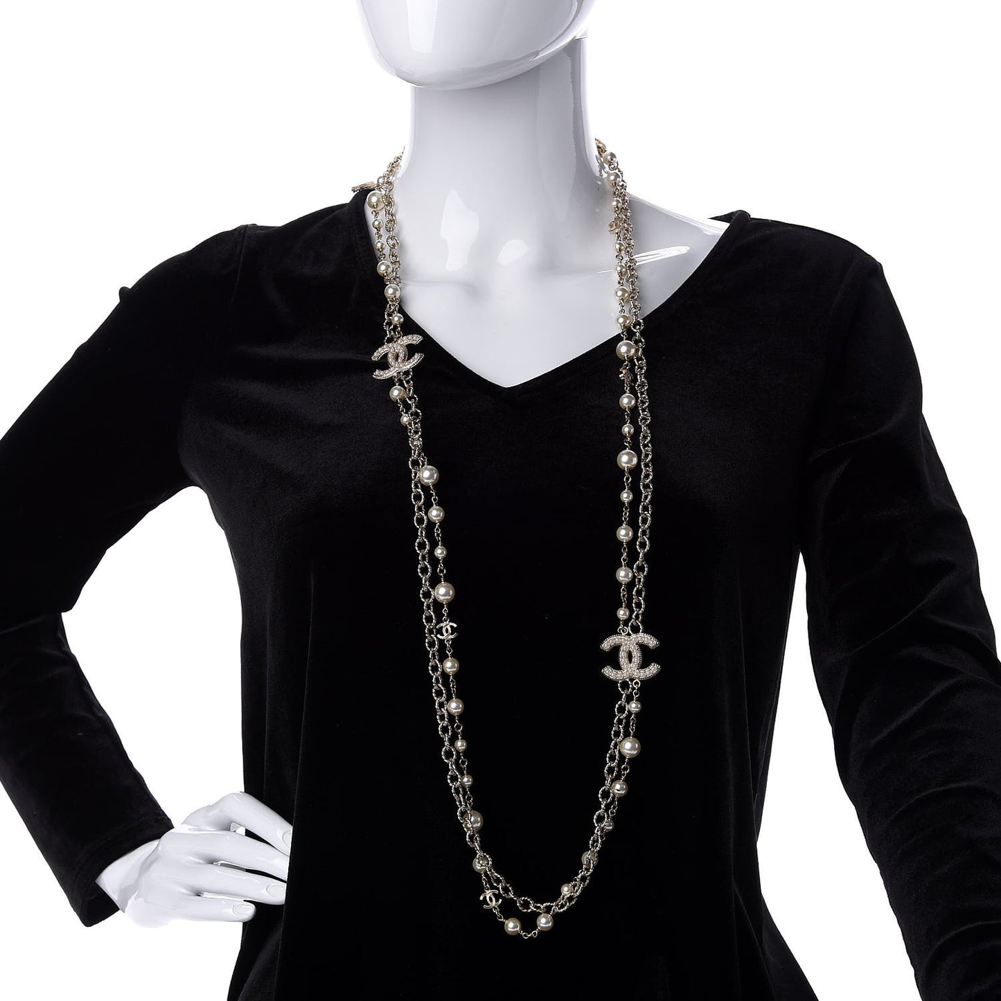 Graduated Pearl CC Long Necklace Light Gold