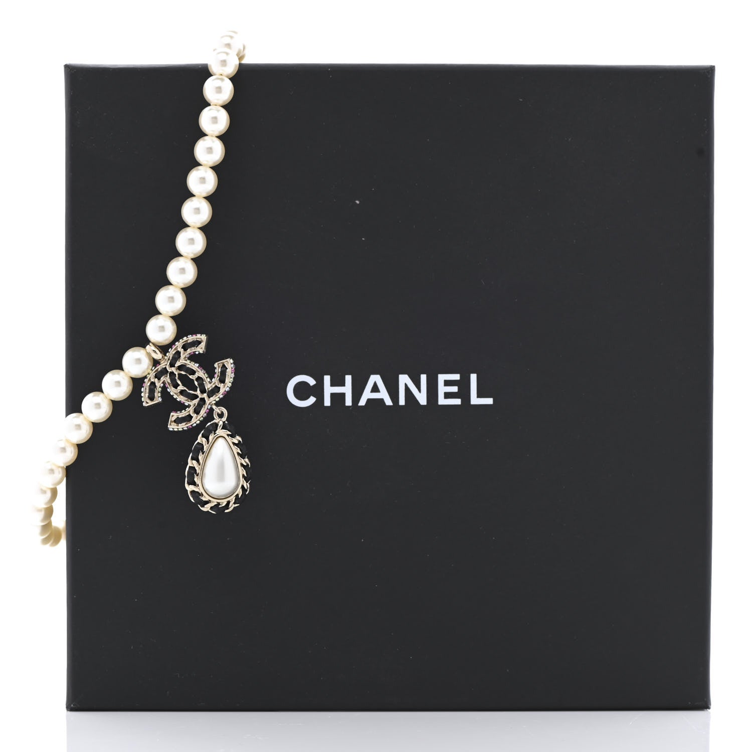 Chanel Lambskin Crystal Pearl CC Short Pendant Necklace Gold Pearly White Black Multicolor 7 of 7