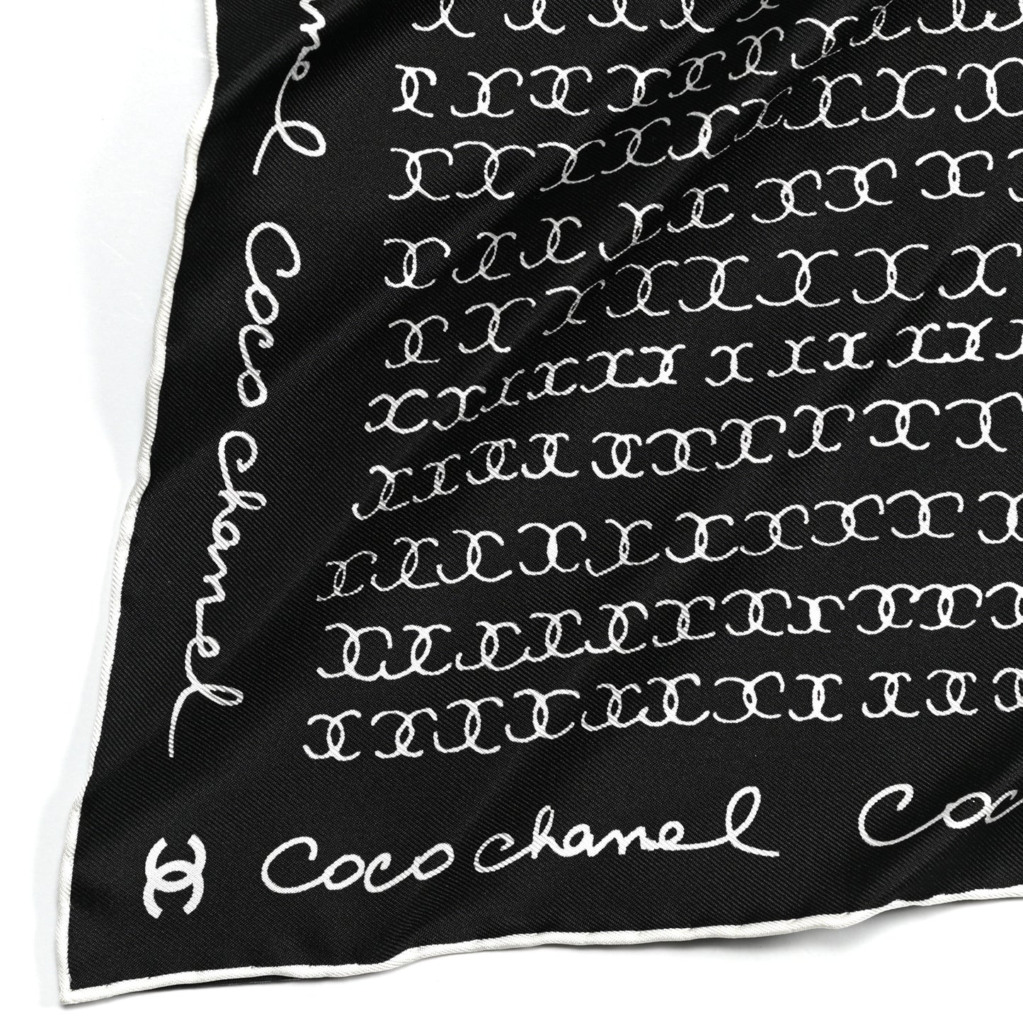 Silk Twill Square Scarf Hair Tie Black White