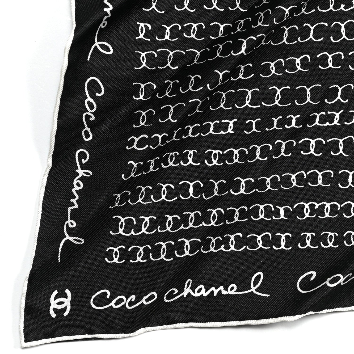 Chanel Silk Twill Square Scarf Hair Tie Black White 3 of 6