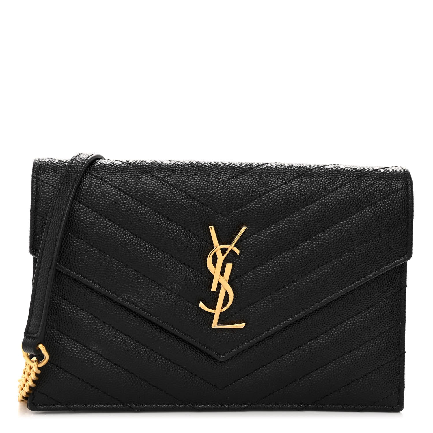 Saint Laurent Grain De Poudre Matelasse Chevron Monogram Envelope Chain Wallet Black 1 of 9